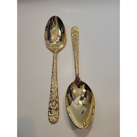 VINERS OF SHEFFIELD VS12 Gold Electroplate Pierced Serving Spoons Set Of 2 - Picture 2 of 8